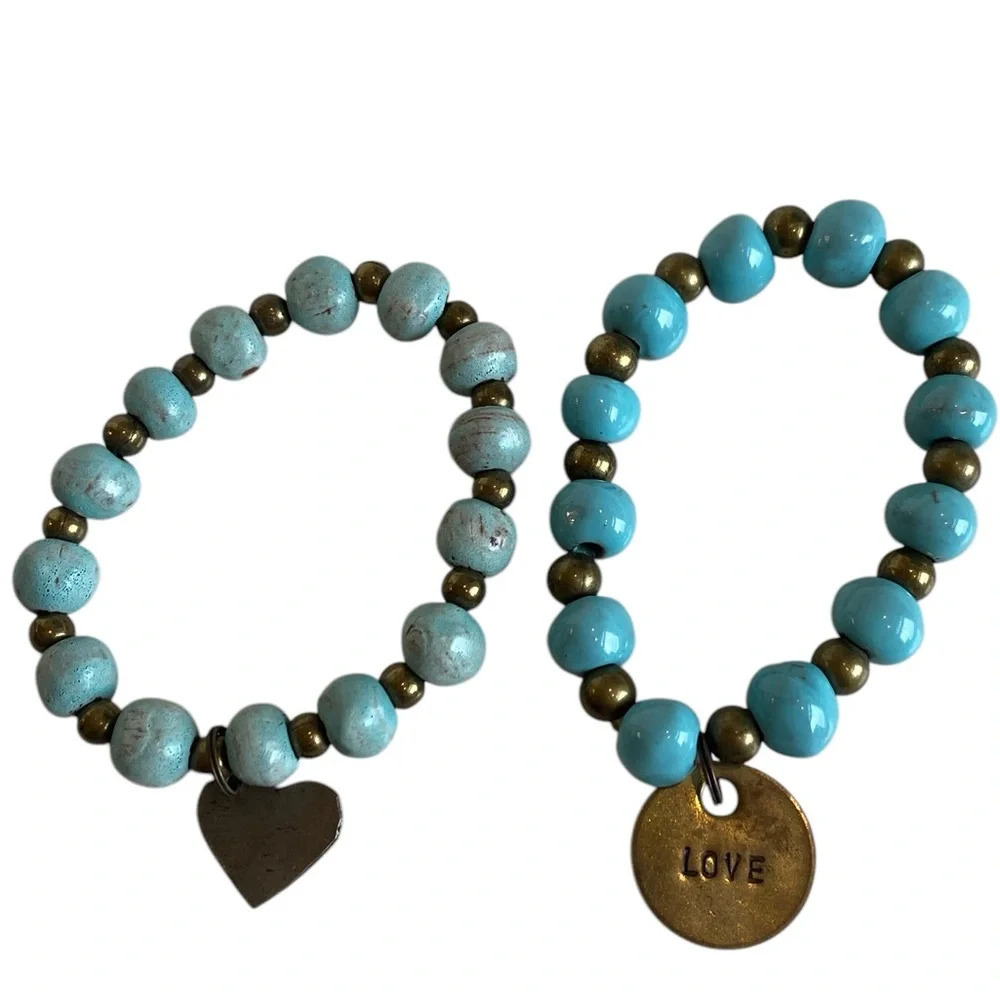 Inspirational Copper Love Stamped And Heart Blue Glass Beaded Charm Bracelets - Picture 4 of 4